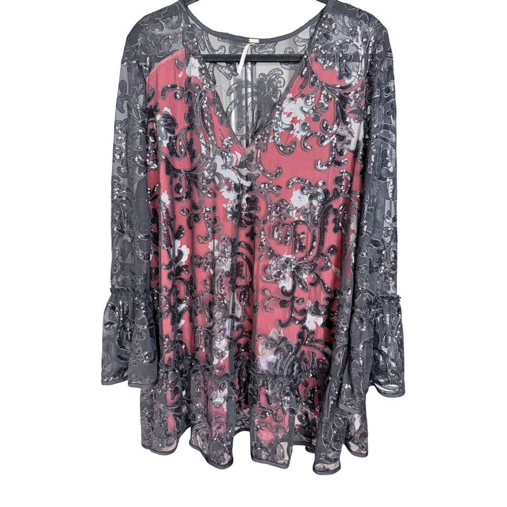 Free People Sequin Mesh Floral Tunic Dress Boho Size S OB915839